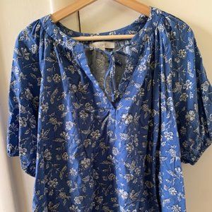 LOFT Blue Floral Tie Neck Puff Sleeve Top